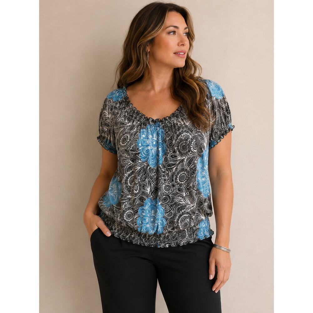 LR2203 Women’s Black White Blue Floral Peasant Blouse Size 18 Boho Top